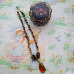 Vtg Amber Glass Tiger's Eye Necklace